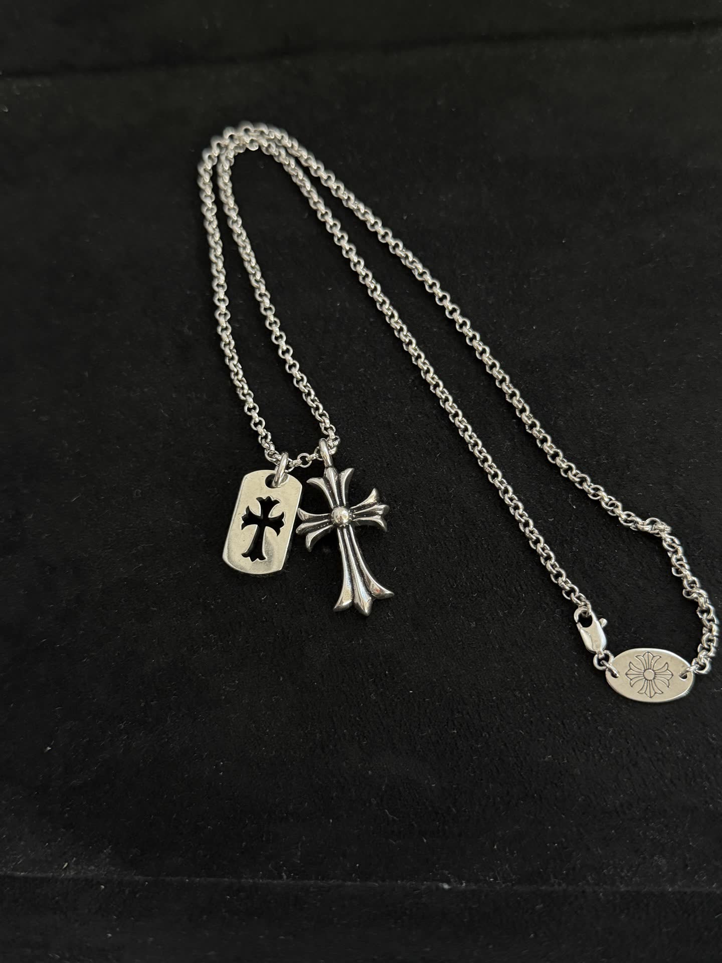 Chrome Hearts Silver Cross Pendant with Pink Enamel Tag